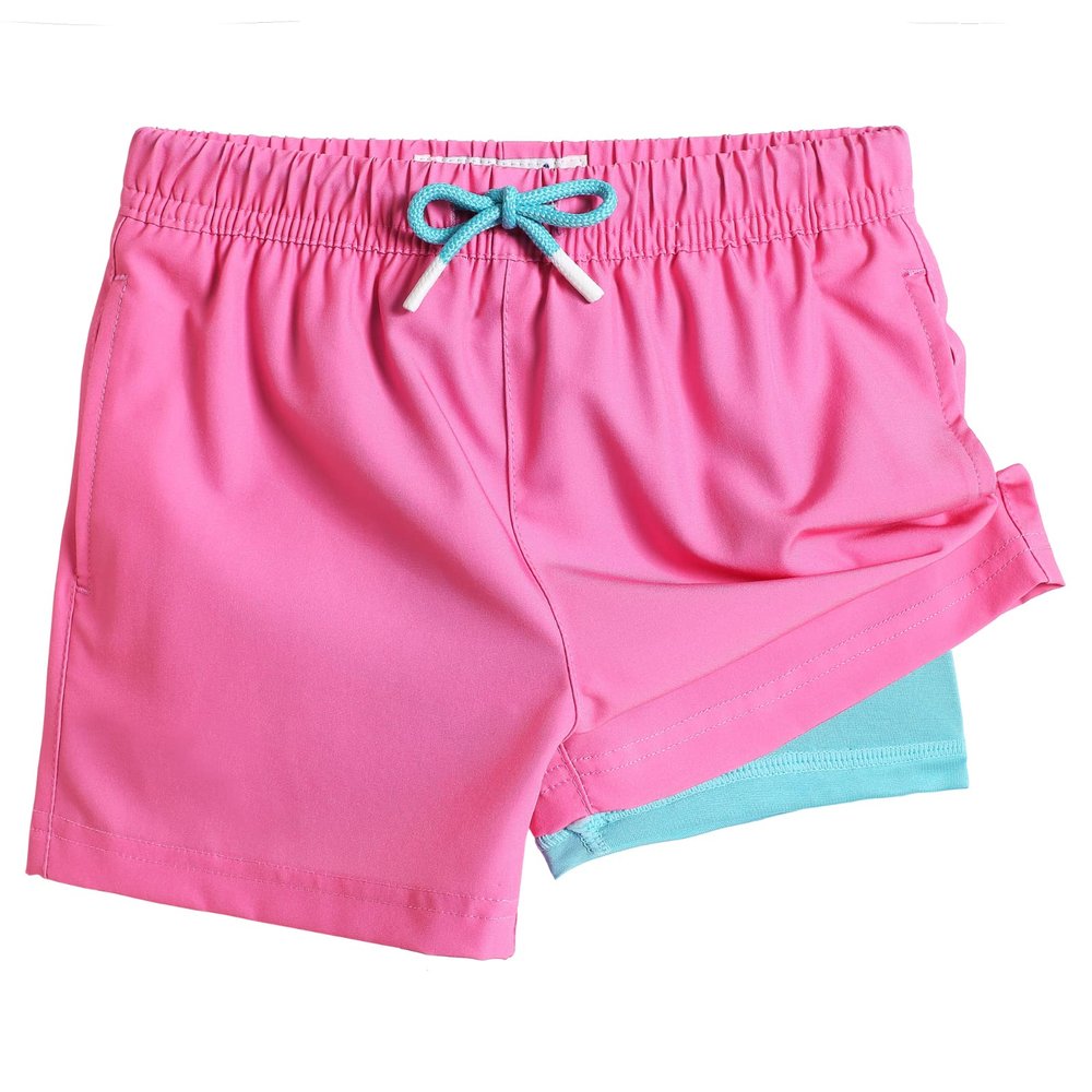 maamgic Boys Swim Trunks with Compression Liner Toddler Stretch Swim Shorts Quick Dry Swimming Trunks Boxer Brief 2 in 1 Beach Shorts Pink Lake Blue 3T