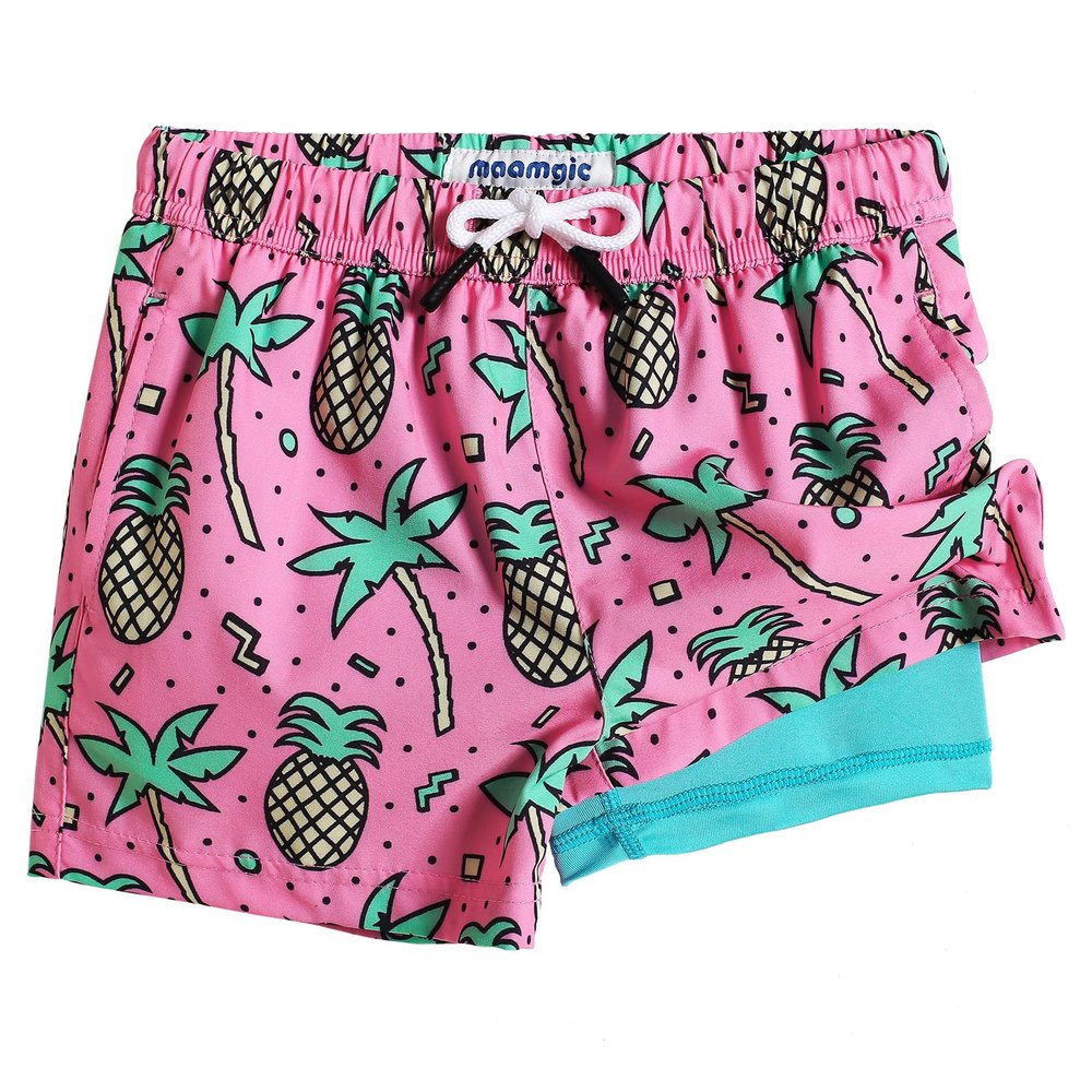 maamgic Boys Swim Trunks with Compression Liner Toddler Stretch Swim Shorts Quick Dry Swimming Trunks Boxer Brief 2 in 1 Beach Shorts Rose Coconut 8