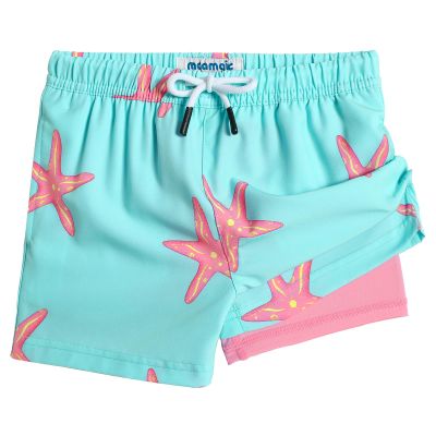 maamgic Boys Swim Trunks with Compression Liner Toddler Stretch Swim Shorts Quick Dry Swimming Trunks Boxer Brief 2 in 1 Beach Shorts Blue Sun Starfish 10/12