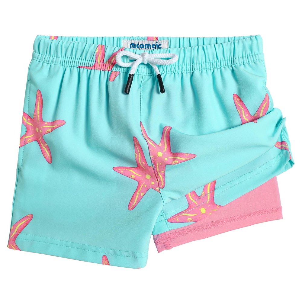 maamgic Boys Swim Trunks with Compression Liner Toddler Stretch Swim Shorts Quick Dry Swimming Trunks Boxer Brief 2 in 1 Beach Shorts Blue Sun Starfish 10/12