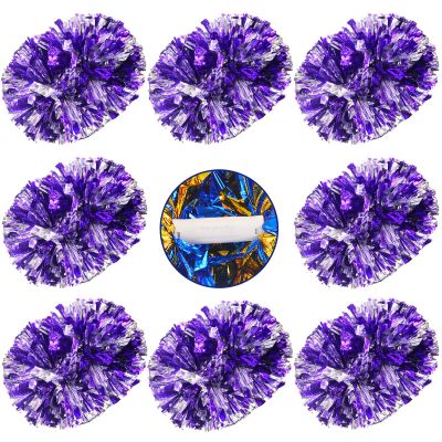 Vegove 8 Pcs Cheerleading Pom Poms, Plastic Metallic Foil Cheer Hand Flowers Bulk, Cheerlead Pompoms for Adult Sports Team Ball Game 13.4 Inch, 75g Weight Each (Purple/Sliver)