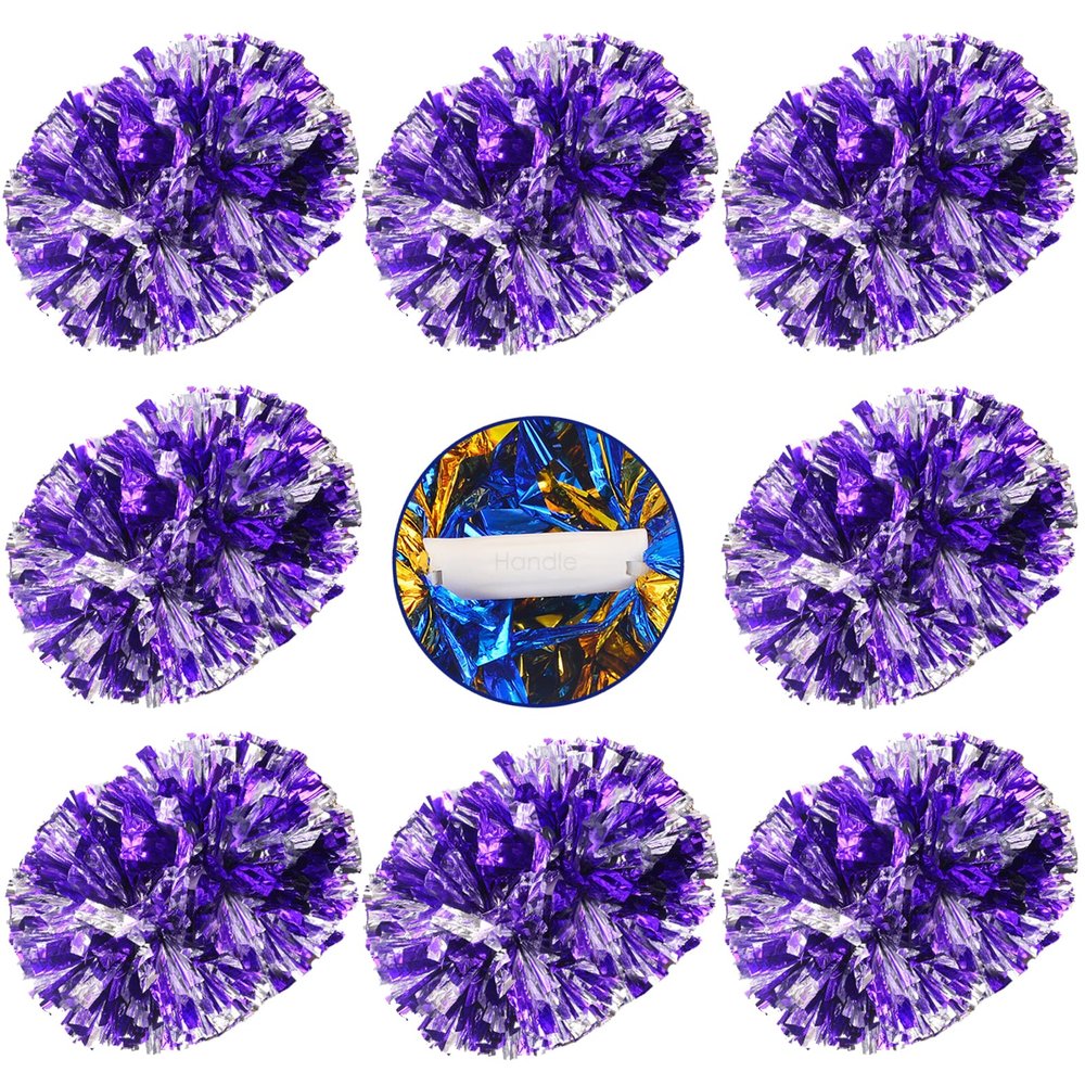 Vegove 8 Pcs Cheerleading Pom Poms, Plastic Metallic Foil Cheer Hand Flowers Bulk, Cheerlead Pompoms for Adult Sports Team Ball Game 13.4 Inch, 75g Weight Each (Purple/Sliver)