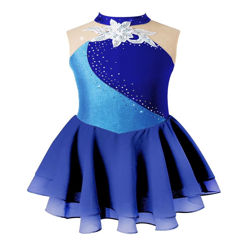 Jhaoyu Girls Shiny Rhinestone Figure Ice Skating Dress Ballet Tutu Skirted Leotard Competition Dancing Outfits Navy Blue D 14 Years