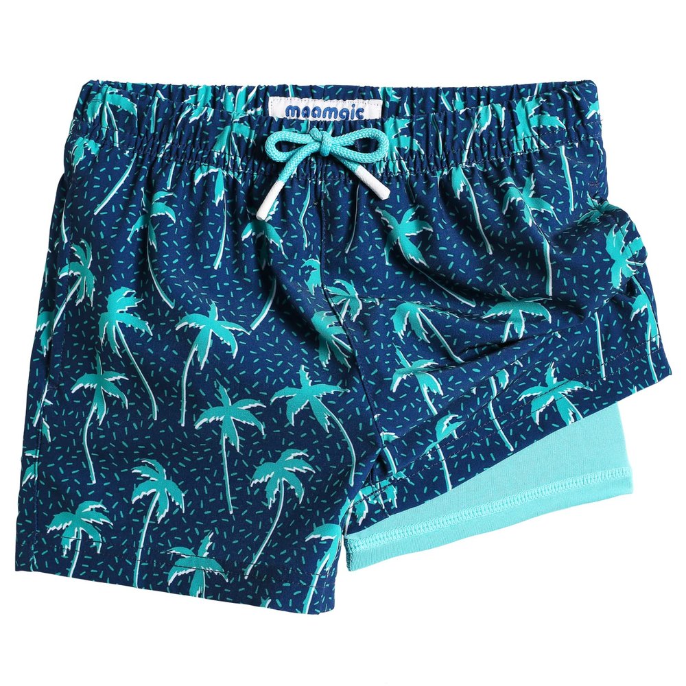 maamgic Boys Swim Trunks with Compression Liner Toddler Stretch Swim Shorts Quick Dry Swimming Trunks Boxer Brief 2 in 1 Beach Shorts Navy Blue Coconut 4T