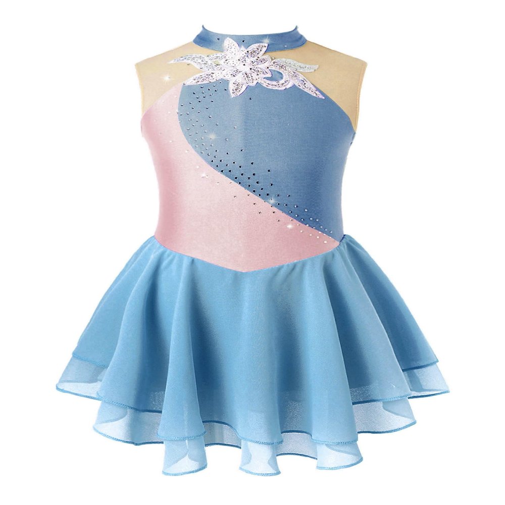 Jhaoyu Girls Shiny Rhinestone Figure Ice Skating Dress Ballet Tutu Skirted Leotard Competition Dancing Outfits Grey Blue D 14 Years