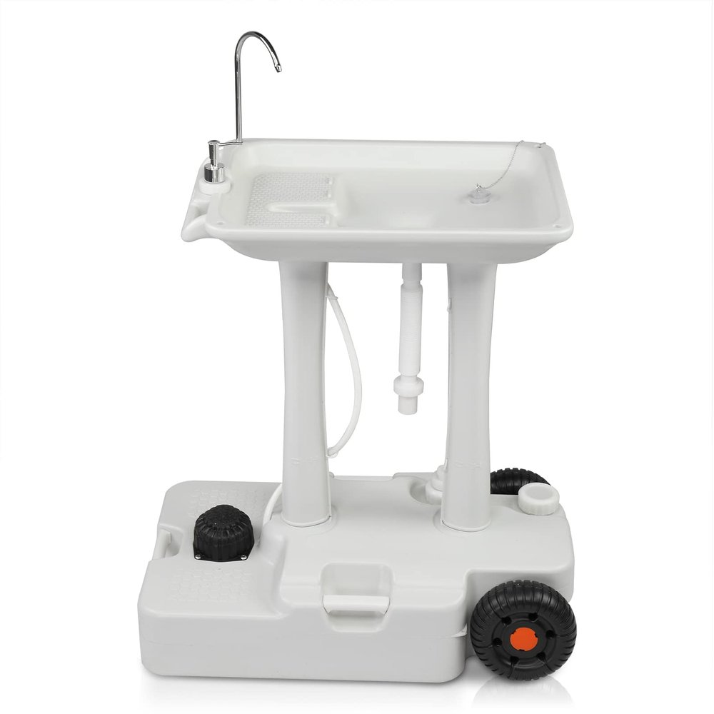 VINGLI 30L Upgraded Portable Sink| Rolling Hand Wash Basin Stand with Towel Holder & Soap Dispenser & Wheels, Perfect for Garden/Camping/Outdoor Events/Gatherings/Worksite/RV/Indoor, White