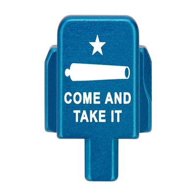 NDZ Performance Rear Slide Cover Plate for Sig P320 Series 9mm .40 .357 .45 ACP Laser Engraved Anodized Aluminum in Blue, Made in The USA - Come and Take It Cannon Text 2 Line