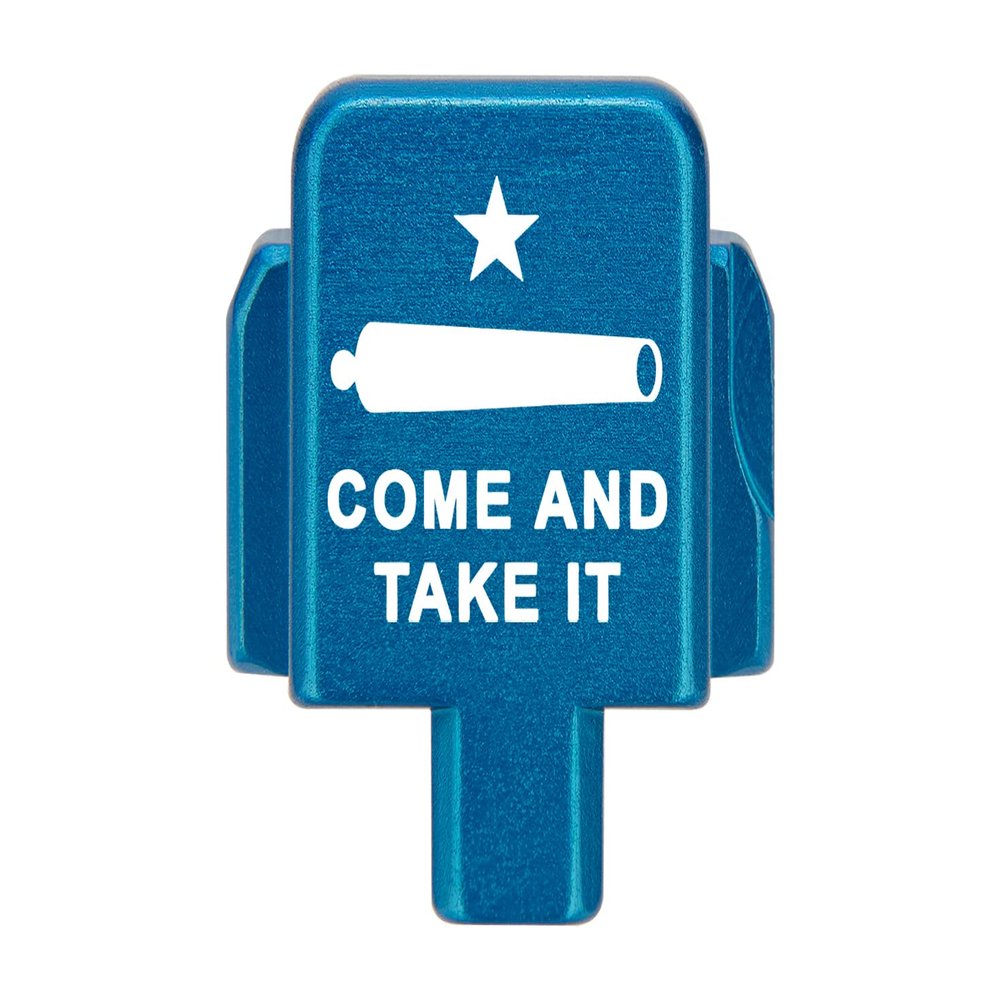 NDZ Performance Rear Slide Cover Plate for Sig P320 Series 9mm .40 .357 .45 ACP Laser Engraved Anodized Aluminum in Blue, Made in The USA - Come and Take It Cannon Text 2 Line