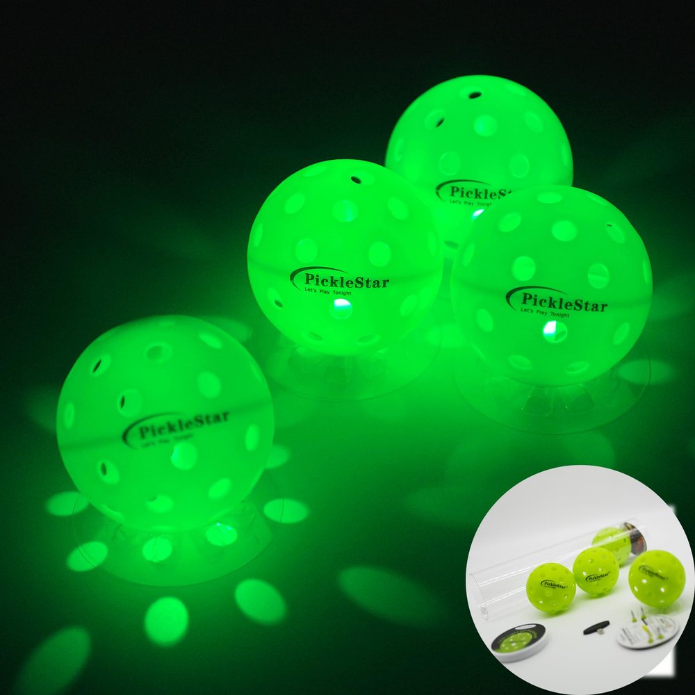 PickleStar LED Light Up Pickleball Balls, Offcial Size Outdoor 40 Holes Green PickleBalls with Green Light 4 Pack LED Light Up Pickle Balls, 6 Batteries Included, for Pickleball Lovers