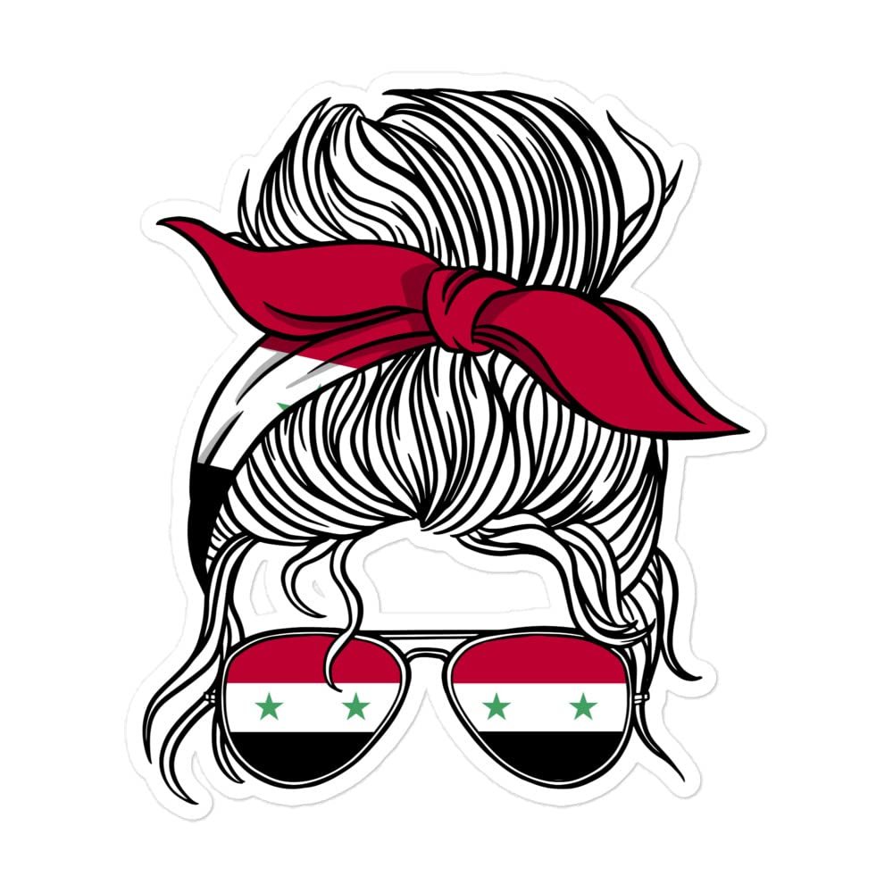 Syria Flag Messy Bun Hair with Sunglasses and a Bandana Vinyl Sticker Mom Life Country Syrian Mom Woman Girls Decorations - Laptop Decal, Water Bottle Sticker