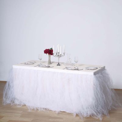Efavormart 14ft White Full Size 4 Layer Fluffy Tulle - Tutu Table Skirt for Party Events fits 6ft rectangle/48in Round Table