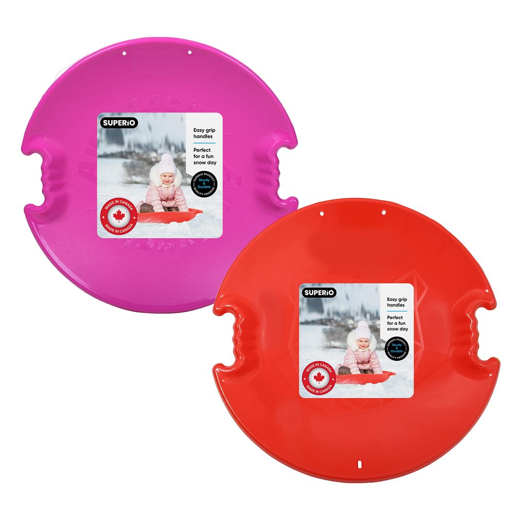 Superio Round Snow Saucer Sleds- Plastic Disc Sleds for Kids and Adults- Heavy Duty Sled Discs with Handles for Downhill Sledding, Winter Outdoor Sports (Red-Fuchsia, 26")