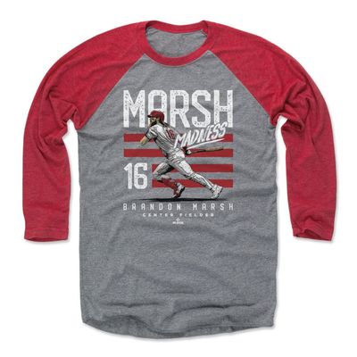 500 LEVEL Brandon Marsh 3/4 Sleeve T-Shirt (Baseball Tee, Medium, Red/Heather Gray) - Brandon Marsh Philadelphia Marsh Madness Stripes WHT