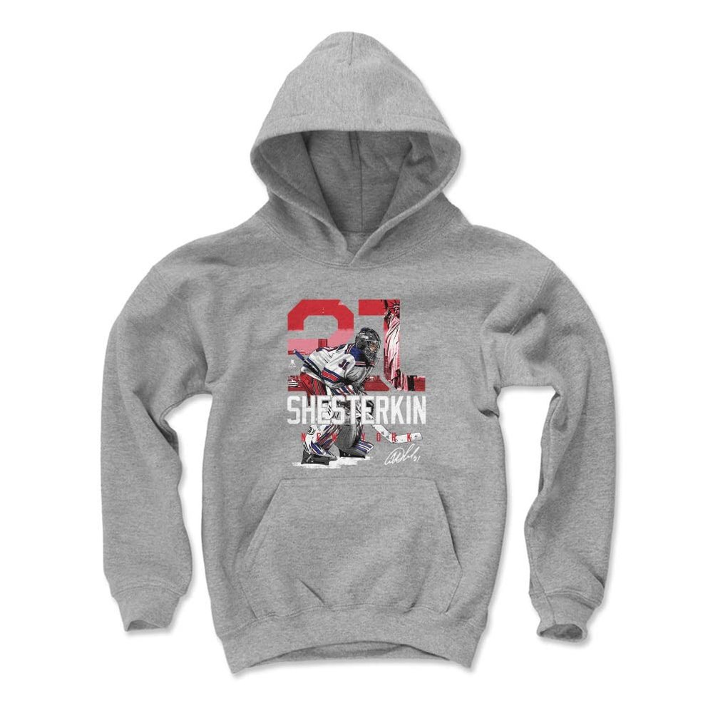 500 LEVEL Igor Shesterkin Youth Sweatshirt (Youth Hoodie, Small, Gray) - Igor Shesterkin New York Landmark WHT