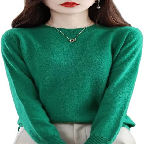 Shanghai Story 100% Merino Wool Sweater Women Fall Winter Warm Knitted Pullover Crewneck Long Sleeve Sweater Green L