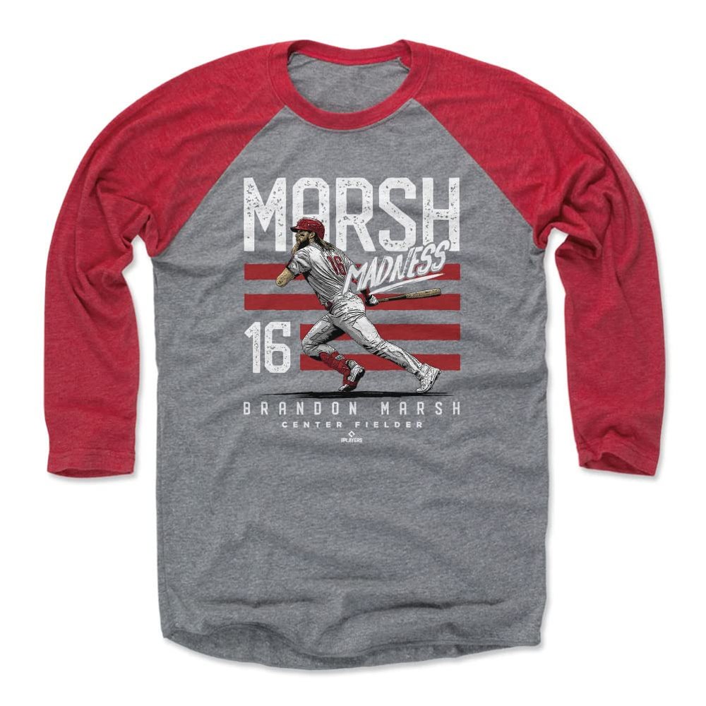 500 LEVEL Brandon Marsh 3/4 Sleeve T-Shirt (Baseball Tee, Large, Red/Heather Gray) - Brandon Marsh Philadelphia Marsh Madness Stripes WHT