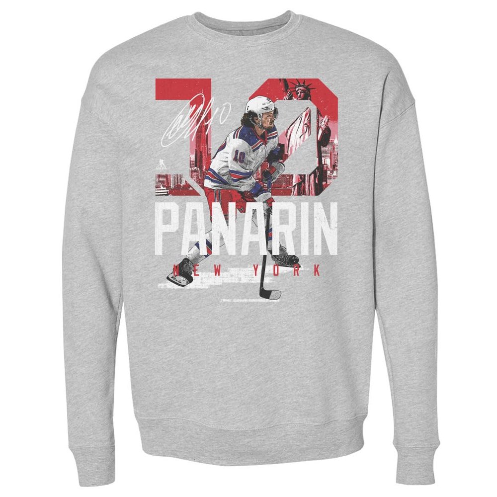 500 LEVEL Artemi Panarin Sweatshirt (Crew Sweatshirt, XX-Large, Heather Gray) - Artemi Panarin New York Landmark WHT