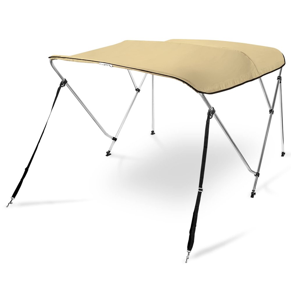 AA Products 3 Bow Bimini Top Cover Sun Shade Boat Canopy Waterproof Includes Storage Boot with Aluminum Frame, 46" Height with Rear Support Poles, 6'L x 46" H x 61"-66" W, Sand