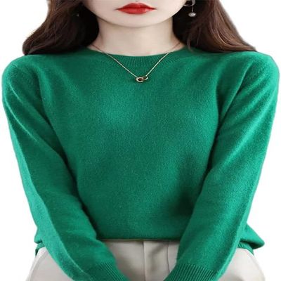Shanghai Story 100% Merino Wool Sweater Women Fall Winter Warm Knitted Pullover Crewneck Long Sleeve Sweater Green 2XL