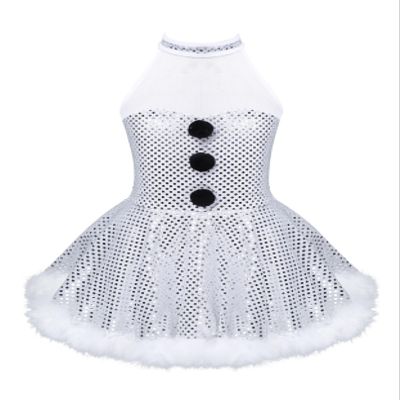Moggemol Kids Girls Halter Neck Sequins Figure Ice Skating Dress Ballet Dance Tutu Leotard Christmas Snowman Dress Up White A 4 Years