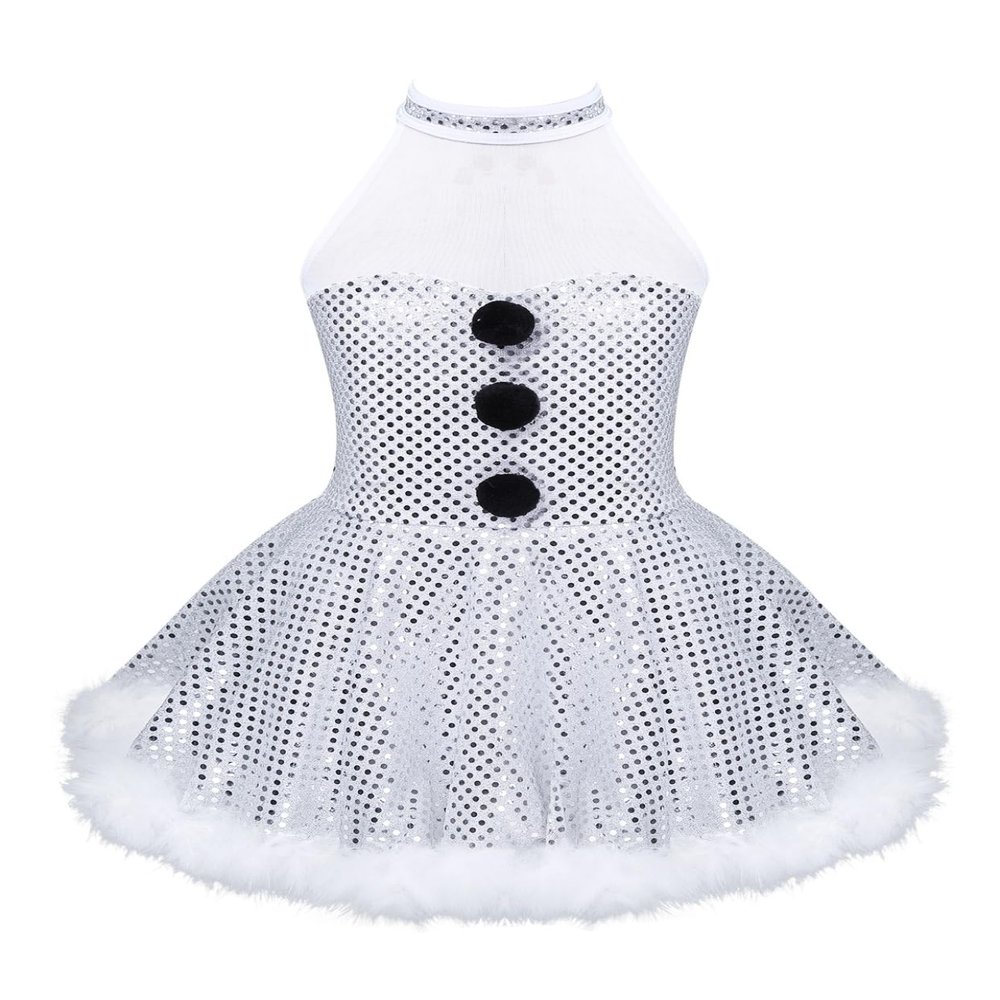 Moggemol Kids Girls Halter Neck Sequins Figure Ice Skating Dress Ballet Dance Tutu Leotard Christmas Snowman Dress Up White A 4 Years
