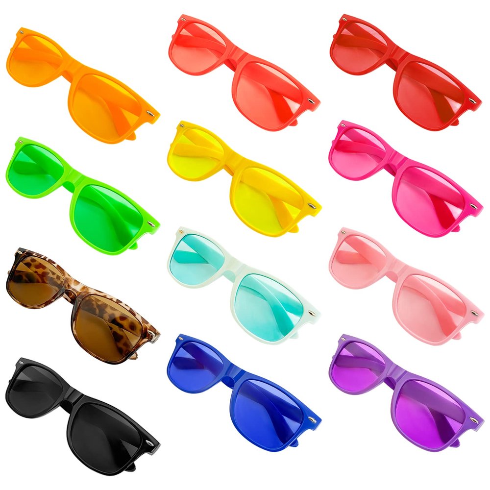 Geopty 12 Pack Colorful Party Sunglasses Bulk, Retro Neon Cheap Sunglasses for Women Men Party Favor Supplies