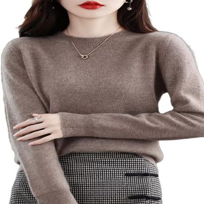 Shanghai Story 100% Merino Wool Sweater Women Fall Winter Warm Knitted Pullover Crewneck Long Sleeve Sweater Camel M