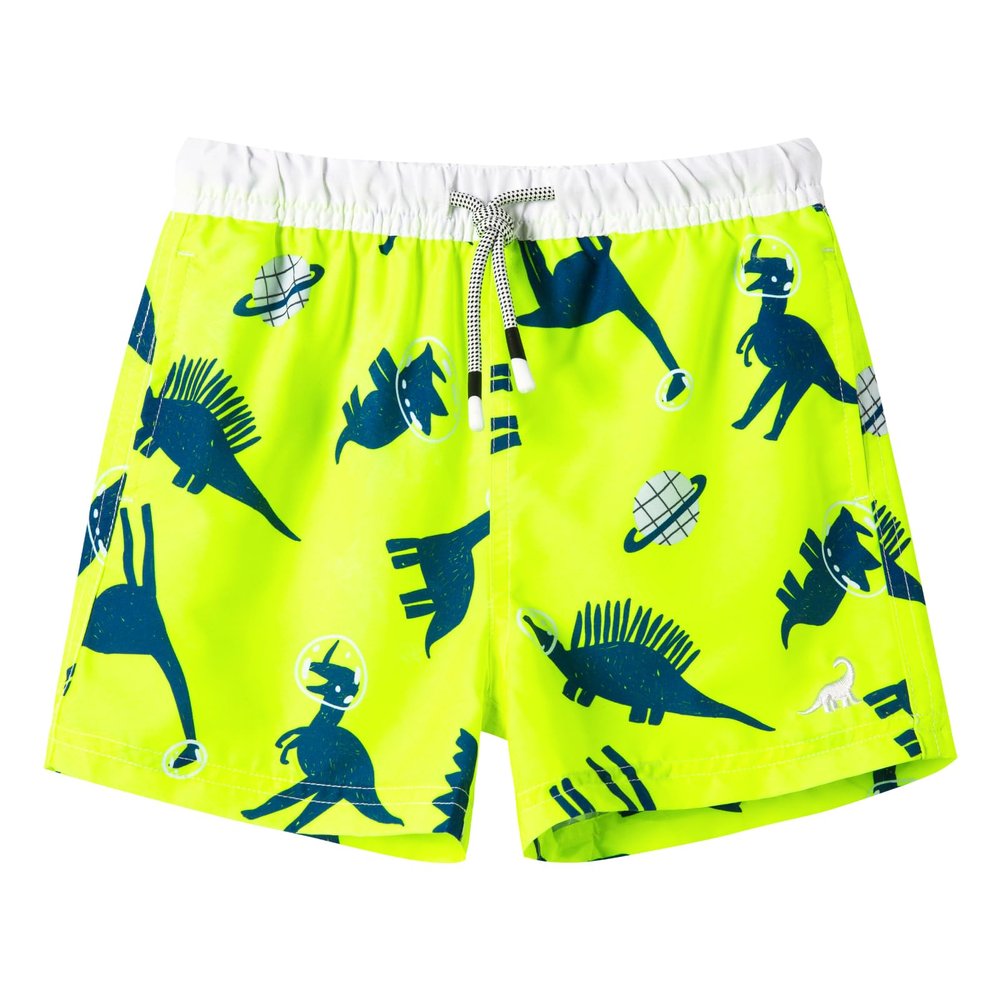 SURF CUZ Little Boys Swim Trunks UPF 50+ Toddler Beach Shorts Swimsuit Kids Quick Dry Swimwear(Fluorescent Green - Dinosaur Planet, 2T)