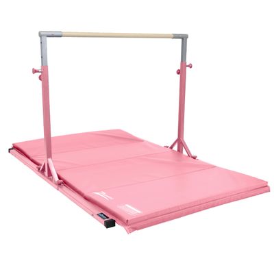 Z Athletic Flyaway Duo Adjustable Horizontal Bar and 4 Ft x 6 Ft Gymnastics Mat, Pink
