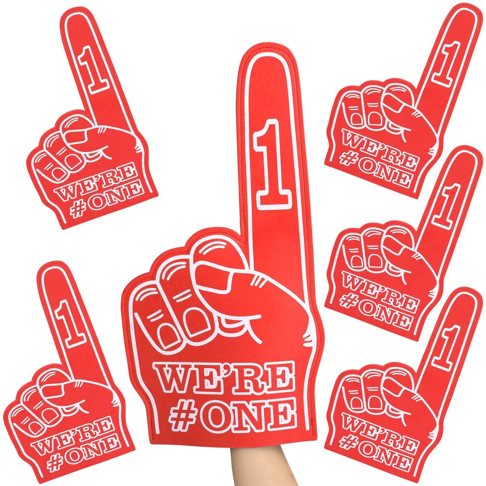 Sotiff Giant Foam Finger 6 Pack We're Number 1 Foam Hand 18 Inch Football Baseball Fan Cheerleading for Sports Celebration Pom Poms Noise Maker for Sporting Events Games(Red)