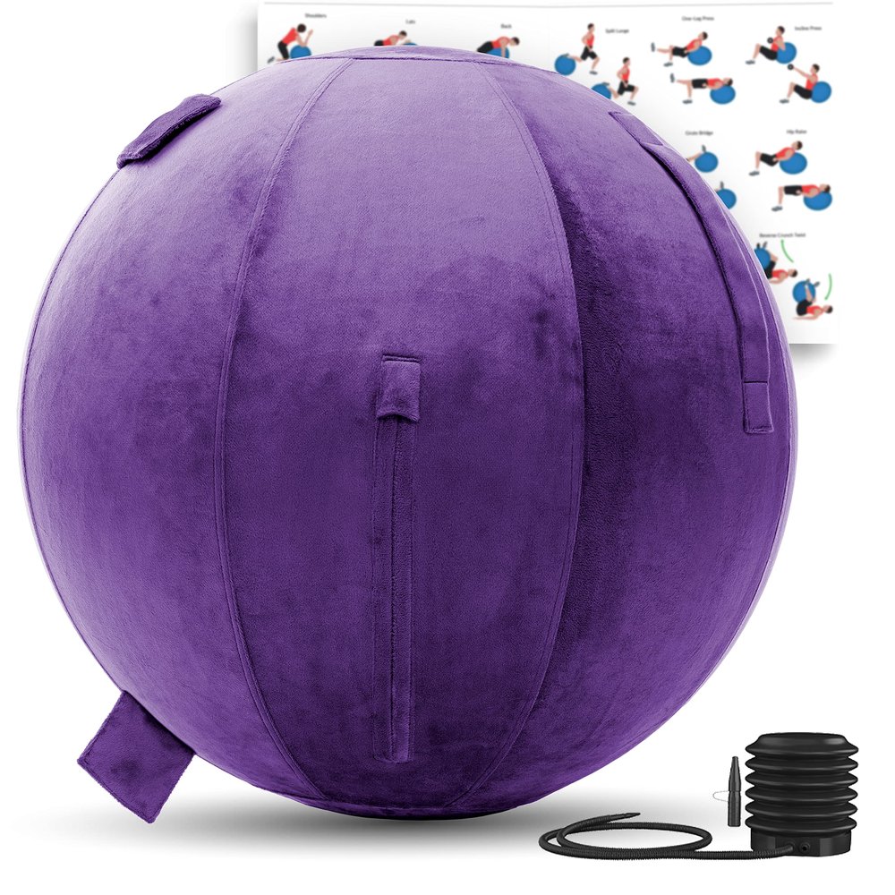 Exercise Ball 65cm/26in, Pink Mirco Plush Soft Cover with Manaul Pump For Yoga, Pilates, Fitness Balance Stability, Office Ball Chair Seat. Soft & Slip Resistant, Pro Guide