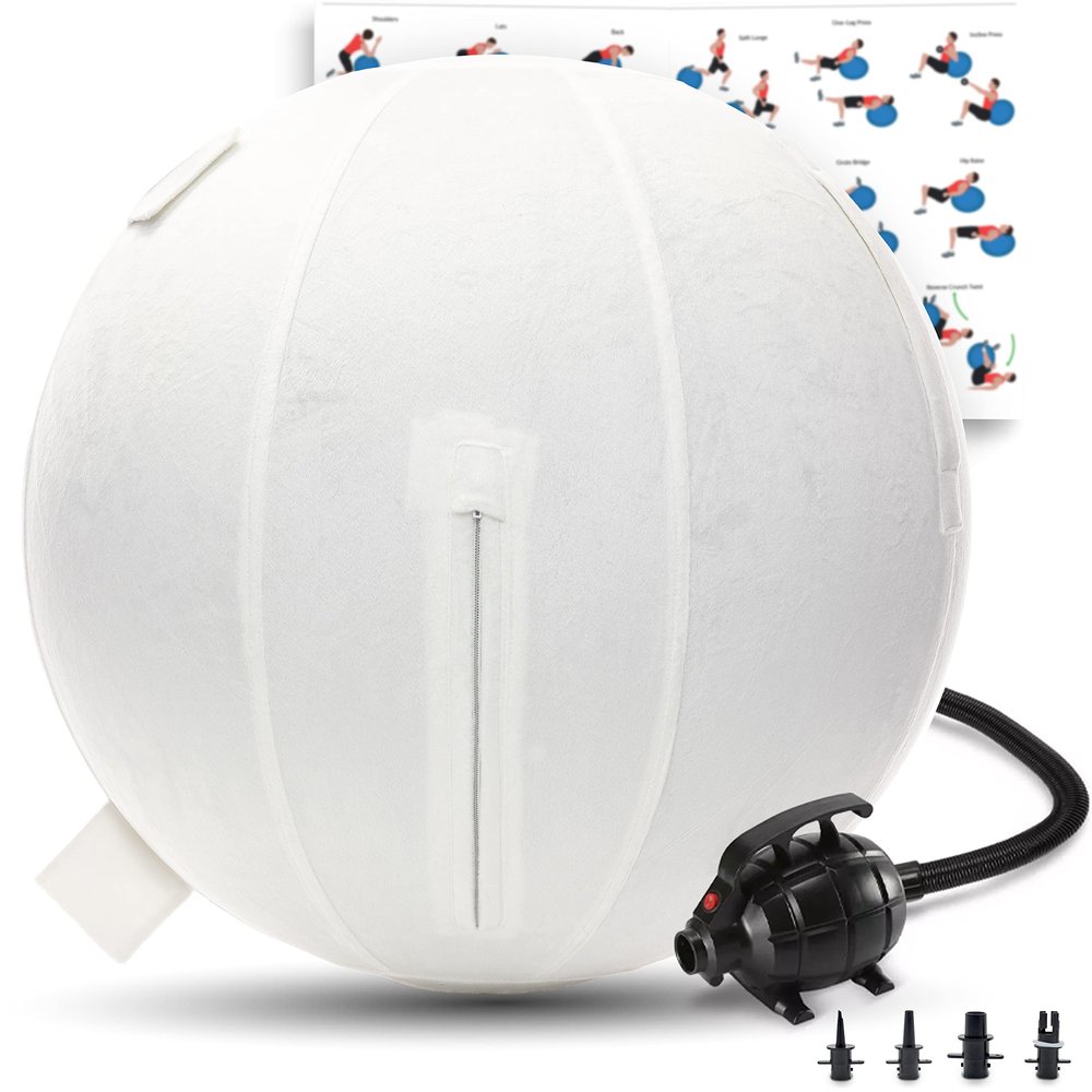Exercise Ball 65cm/26in, White Mirco Plush Soft Cover with Electric Quick Pump For Yoga, Pilates, Fitness Balance Stability, Office Ball Chair Seat. Soft & Slip Resistant, Pro Guide