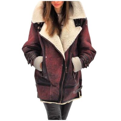 XUNRYAN Women's Winter Warm Coat Sherpa Jackets Faux-Leather Jackets Motorcycle Vegan PU Moto Biker Outwear Thicken Overcoat