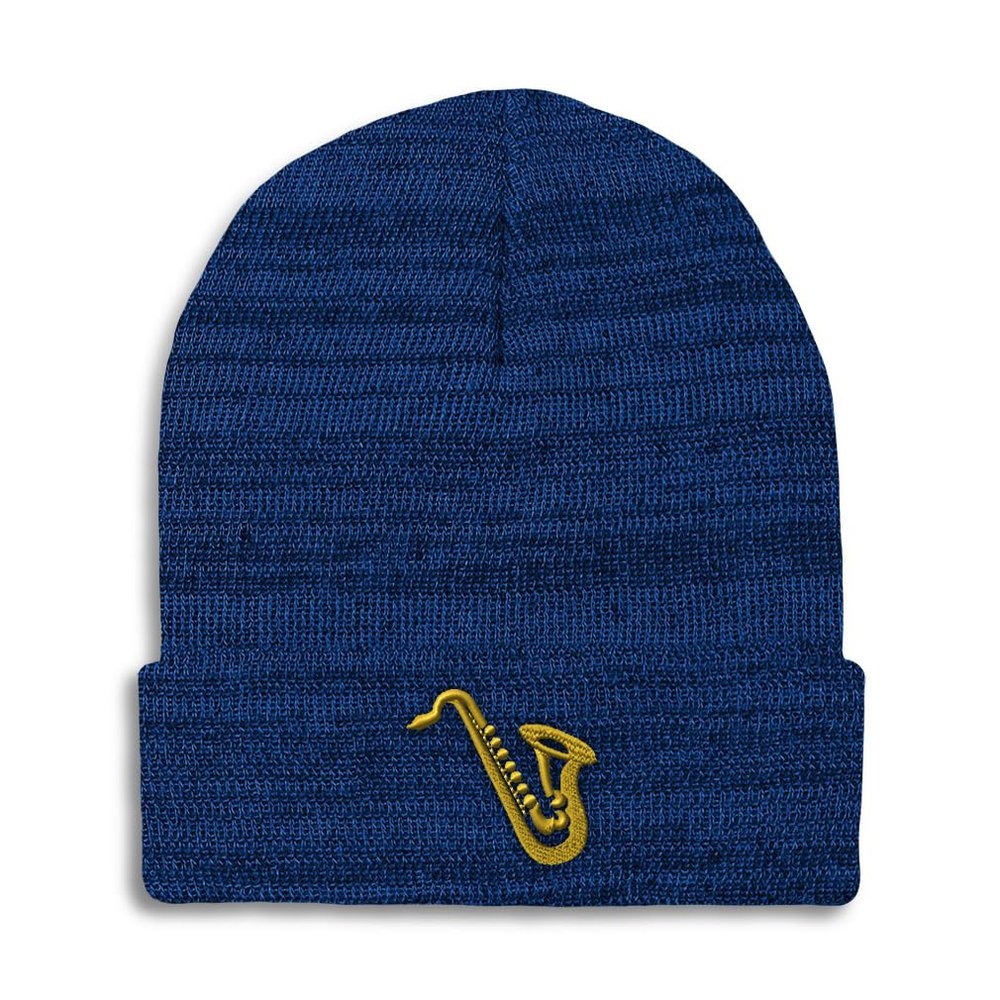 Speedy Pros Men's Saxophone Embroidery Beanie - Winter Hat, Acrylic Skull Cap 1 Size Heather Royal Blue Design