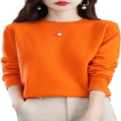 Shanghai Story 100% Merino Wool Sweater Women Fall Winter Warm Knitted Pullover Crewneck Long Sleeve Sweater Orange S