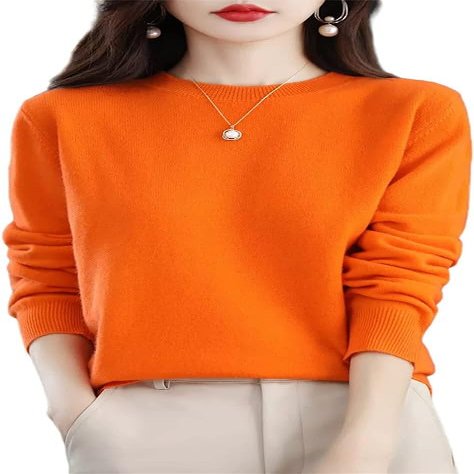 Shanghai Story 100% Merino Wool Sweater Women Fall Winter Warm Knitted Pullover Crewneck Long Sleeve Sweater Orange S