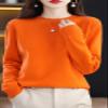 Shanghai Story 100% Merino Wool Sweater Women Fall Winter Warm Knitted Pullover Crewneck Long Sleeve Sweater Orange S view 3