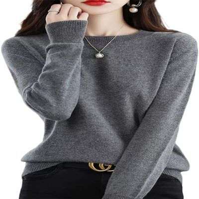 Shanghai Story 100% Merino Wool Sweater Women Fall Winter Warm Knitted Pullover Crewneck Long Sleeve Sweater Grey 2XL
