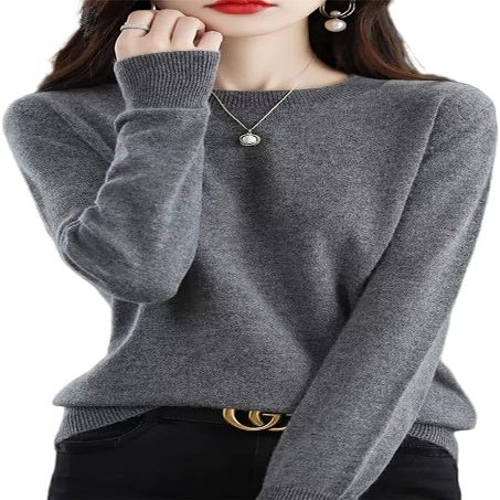 Shanghai Story 100% Merino Wool Sweater Women Fall Winter Warm Knitted Pullover Crewneck Long Sleeve Sweater Grey 2XL
