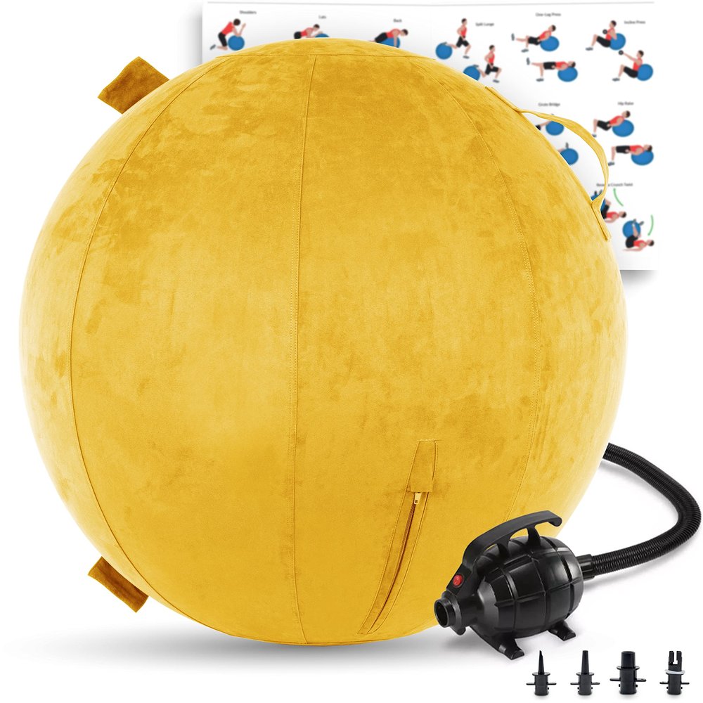 Exercise Ball 65cm/26in, Gold Rush Microsuede Leather Cover with Electric Quick Pump For Yoga, Pilates, Fitness Balance Stability, Office Ball Chair Seat. Soft & Slip Resistant, Pro Guide