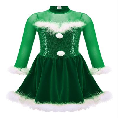 Aislor Girls Christmas Snow-Man Costume Short Puff Sleeves Velvet Ballet Tutu Dress Leotard Dancewearr Dess Up Clothes (Long Sleeve) Green 8 Years
