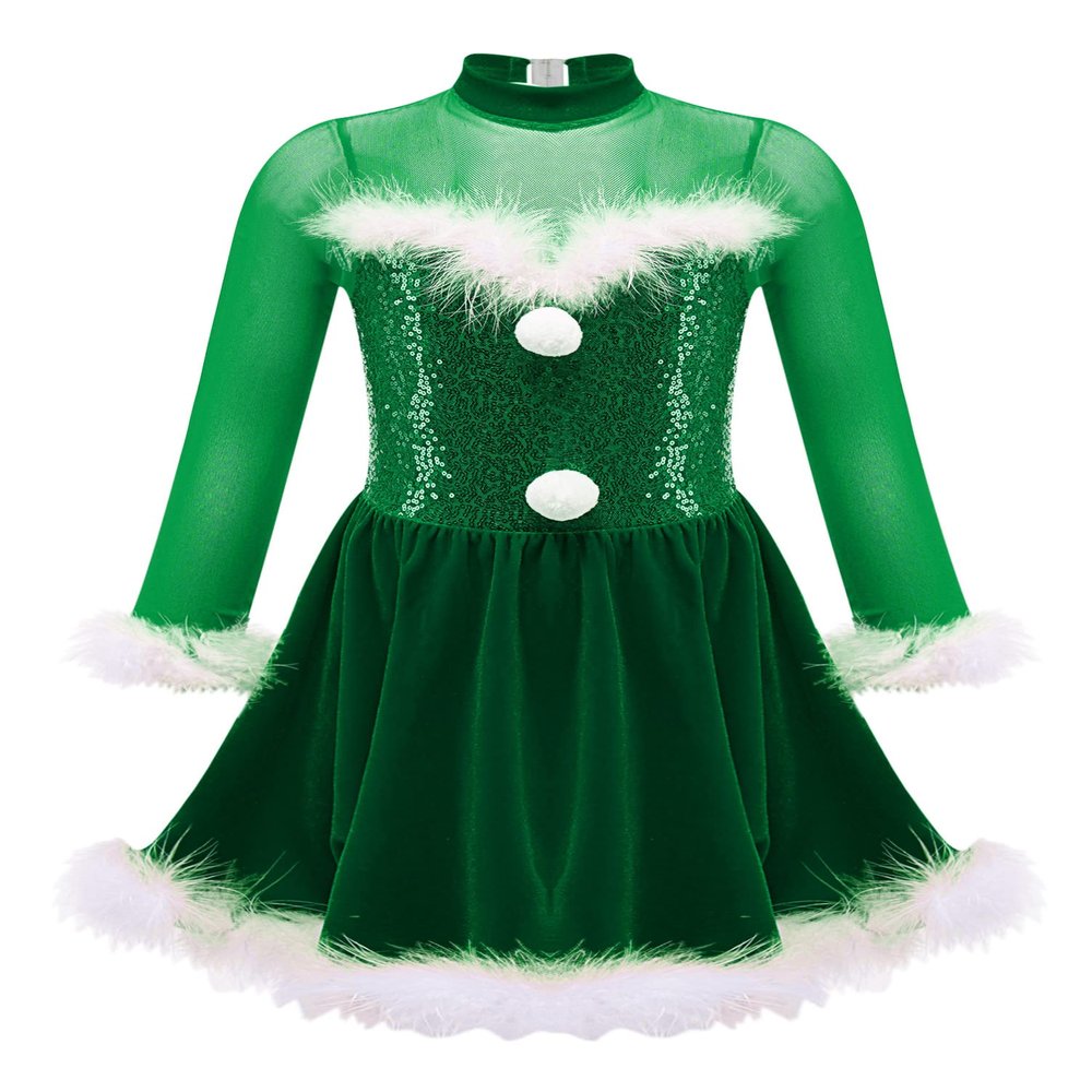 Aislor Girls Christmas Snow-Man Costume Short Puff Sleeves Velvet Ballet Tutu Dress Leotard Dancewearr Dess Up Clothes (Long Sleeve) Green 8 Years
