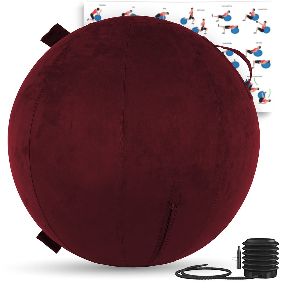 Husband Pillow Exercise Ball 65cm/26in, Arizona Maroon Microsuede Leather Cover with Manaul Pump for Yoga, Pilates, Fitness Balance Stability, Office Ball Chair Seat. Soft & Slip Resistant, Pro Guide