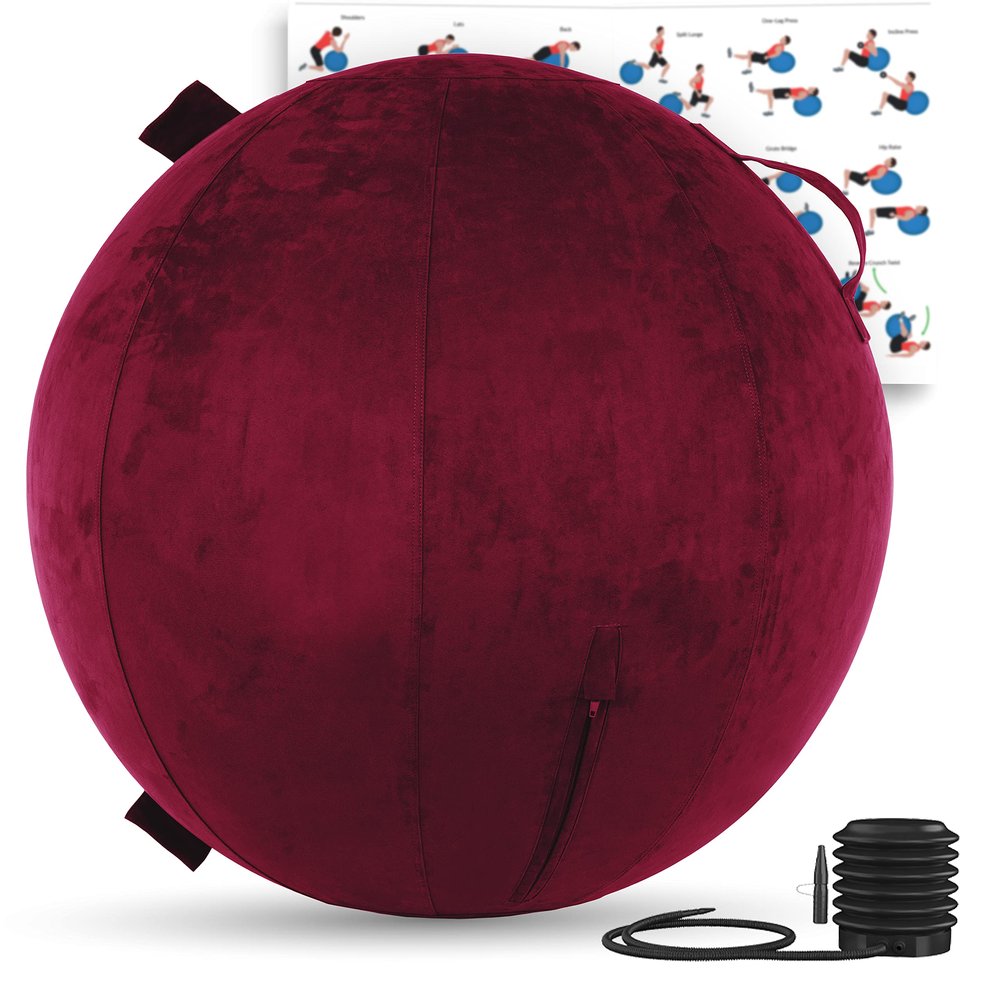 Husband Pillow Exercise Ball 65cm/26in, Mauve Purple Microsuede Leather Cover with Manaul Pump for Yoga, Pilates, Fitness Balance Stability, Office Ball Chair Seat. Soft & Slip Resistant, Pro Guide