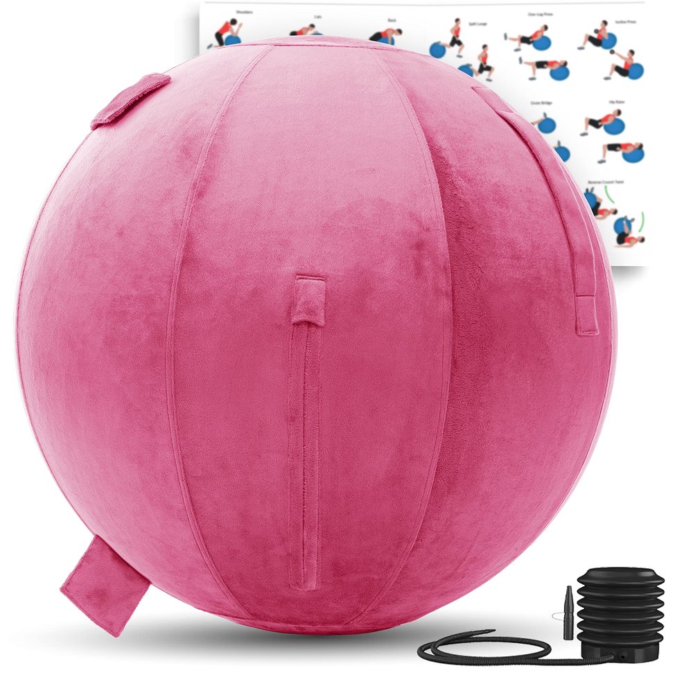 Exercise Ball 65cm/26in, Maroon Mirco Plush Soft Cover with Manaul Pump For Yoga, Pilates, Fitness Balance Stability, Office Ball Chair Seat. Soft & Slip Resistant, Pro Guide