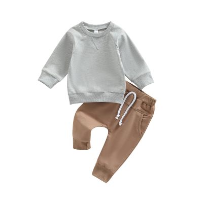 Toddler Baby Boy Clothes Solid Color Long Sleeve Crewneck Sweatshirt Top Casual Pants Set 2Pcs Fall Winter Outfits (Grey & Coffee, 2-3 Years)