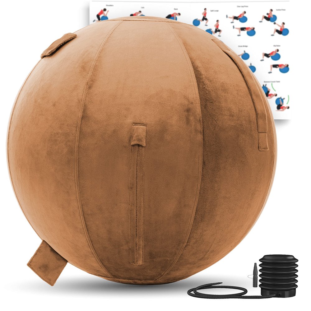 Exercise Ball 65cm/26in, Tan Mirco Plush Soft Cover with Manaul Pump For Yoga, Pilates, Fitness Balance Stability, Office Ball Chair Seat. Soft & Slip Resistant, Pro Guide