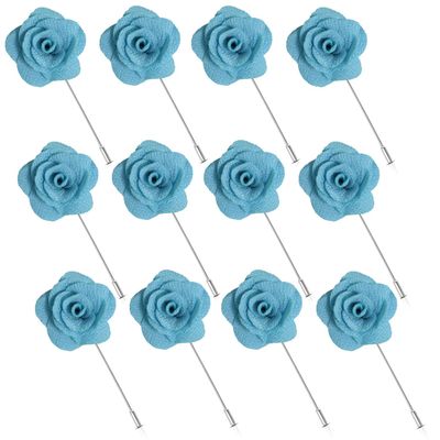 12Pack-Light blue Flower Lapel Pins Stick Brooch, Handmade Camellia Flower Boutonniere for Men Women Suit Wedding Party