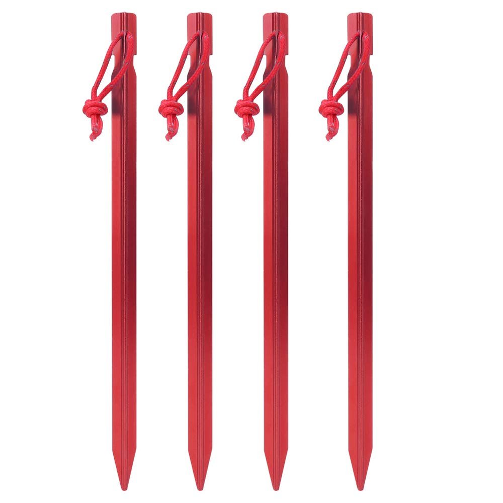 4 Pack Tent Stakes, Heavy Duty Aluminum Ground Pegs Ultralight Metal for Camping Tents and Canopy, Tent Spikes, Decent Stakes for Your Camping Needs (red)