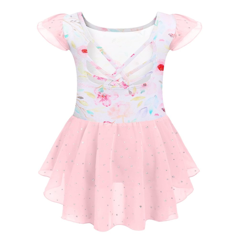 Arshiner Girls Shiny Ruffle Sleeve Ballet Leotard with Skirt Criss-Cross Back Dance Dresses Pink Floral for 4-5 Years